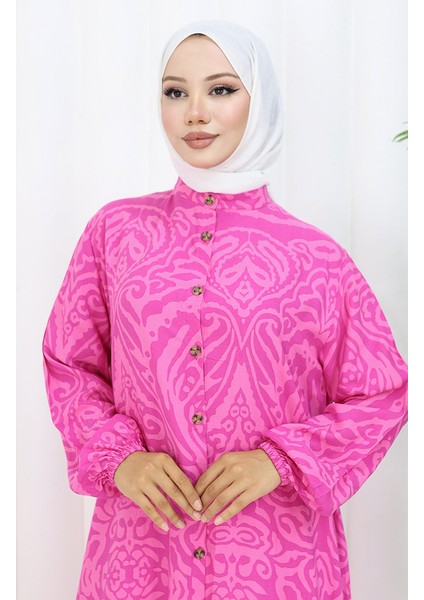 Boydan Düğmeli Viskon Elbise 2095-03 Fuşya fırsatları