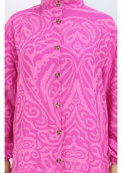 Boydan Düğmeli Viskon Elbise 2095-03 Fuşya indirimleri