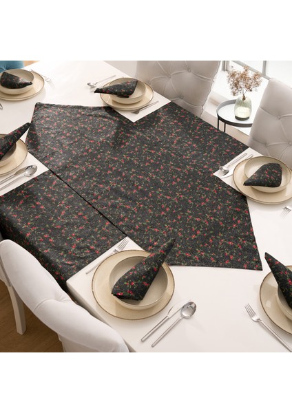 Kiraz Desenli 2 Parça Siyah Sofra Sunum Seti 1 Adet Üçgen Runner 50x150 cm - 1 Adet Dikdörtgen Runner 50x150 cm