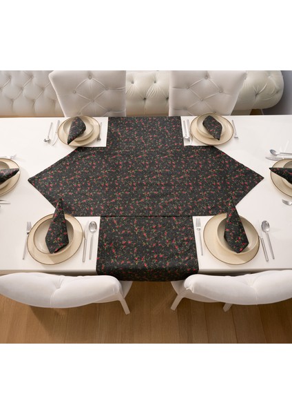 Kiraz Desenli 2 Parça Siyah Sofra Sunum Seti 1 Adet Üçgen Runner 50x150 cm - 1 Adet Dikdörtgen Runner 50x150 cm modelleri