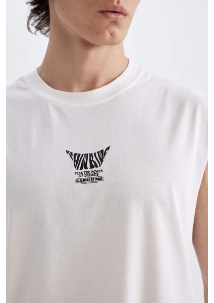 %100 Pamuk Boxy Fit Baskılı Bisiklet Yaka Atlet C5049AX24HS