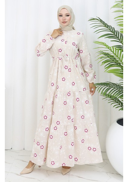 Yarım Düğmeli Keten Elbise 2097-04 Bej Fuşya