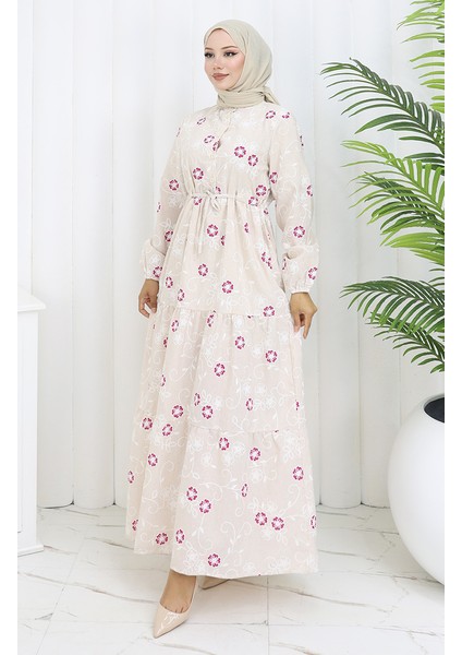 Yarım Düğmeli Keten Elbise 2097-04 Bej Fuşya fiyatları