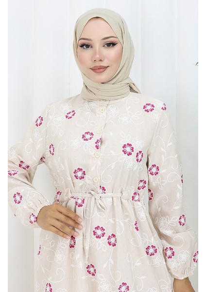 Yarım Düğmeli Keten Elbise 2097-04 Bej Fuşya modelleri