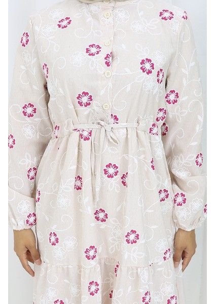 Yarım Düğmeli Keten Elbise 2097-04 Bej Fuşya fırsatları