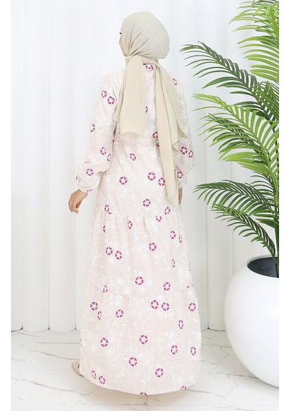 Yarım Düğmeli Keten Elbise 2097-04 Bej Fuşya indirimleri