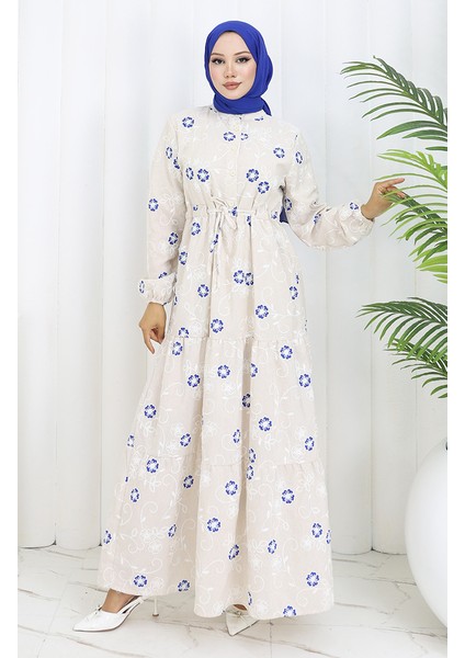 Yarım Düğmeli Keten Elbise 2097-05 Bej Lacivert