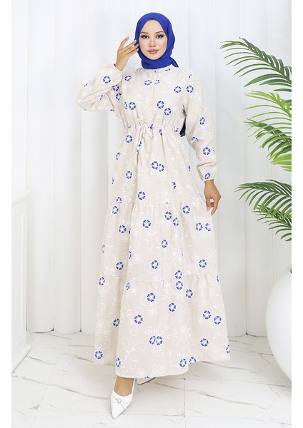 Yarım Düğmeli Keten Elbise 2097-05 Bej Lacivert fiyatları