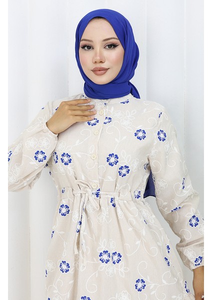 Yarım Düğmeli Keten Elbise 2097-05 Bej Lacivert modelleri