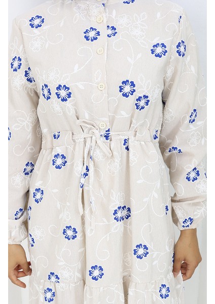 Yarım Düğmeli Keten Elbise 2097-05 Bej Lacivert fırsatları