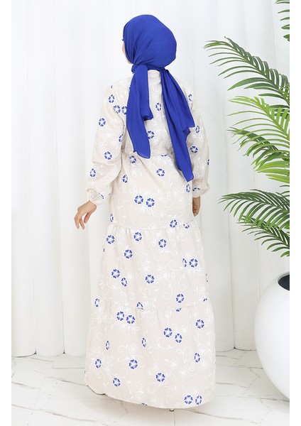 Yarım Düğmeli Keten Elbise 2097-05 Bej Lacivert indirimleri