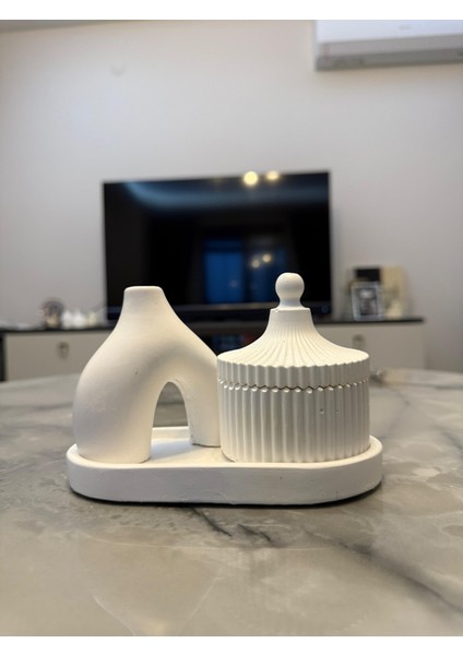 Taş Tozu Vazo Vanilya Aromalı Mumluk Dekoratif/Aksesuar Set