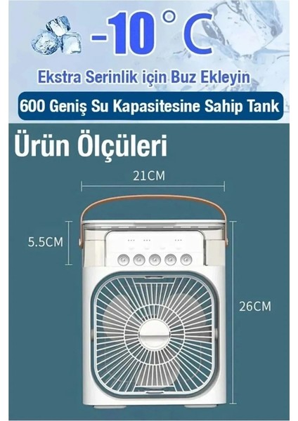 Sulu Soğutmalı Taşınabilir Masaüstü Fan Vantilatör 3 Kademeli Işıklı Soğutma