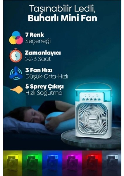 Sulu Soğutmalı Taşınabilir Masaüstü Fan Vantilatör 3 Kademeli Işıklı Soğutma