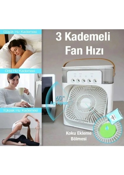 Sulu Soğutmalı Taşınabilir Masaüstü Fan Vantilatör 3 Kademeli Işıklı Soğutma