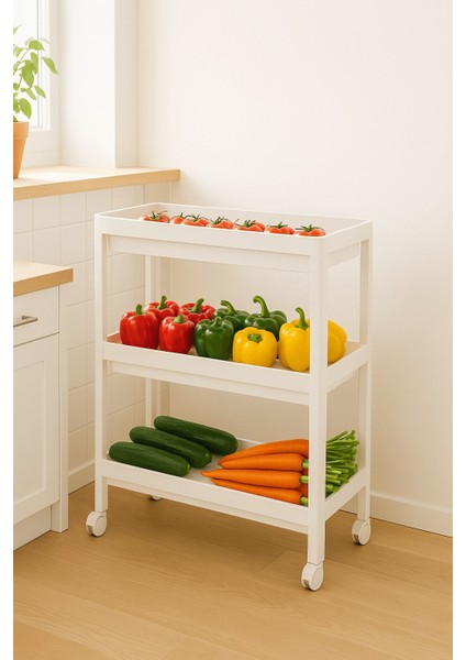 Flex Elite Pro 3 Katlı Beyaz Tekerlekli Çok Amaçlı Raf Ünitesi – Banyo, Mutfak & Organizer - S-75