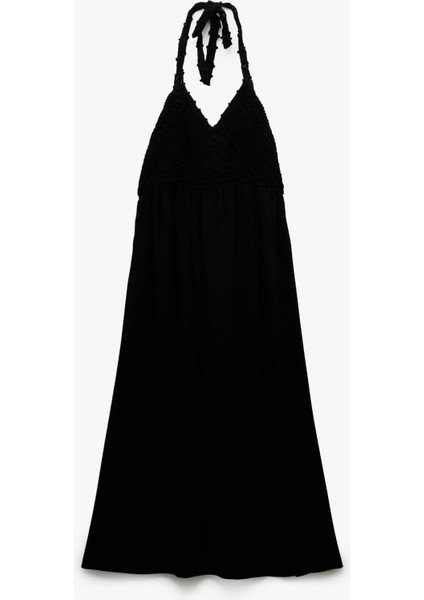 Sırt Dekolteli Boyundan Bağlamalı Halter Yaka Kroşe Detaylı Elbise modelleri