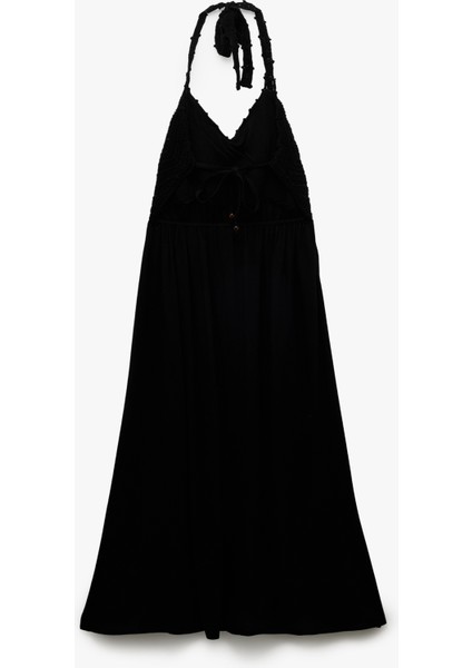 Sırt Dekolteli Boyundan Bağlamalı Halter Yaka Kroşe Detaylı Elbise fırsatları