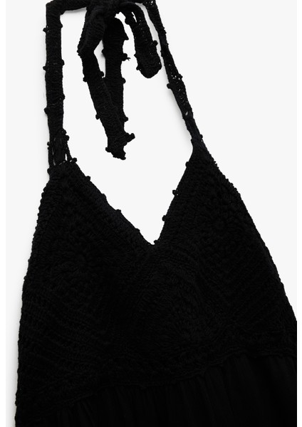 Sırt Dekolteli Boyundan Bağlamalı Halter Yaka Kroşe Detaylı Elbise indirimleri