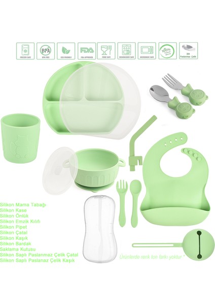 Silikon Beslenme Seti / Vakumlu, Kapaklı Silikon Mama Tabağı, Kase, Önlük, Bardak, Çatal, Kaşık, Pipet, Emzik Kılıfı, Paslanmaz Çelik Çatal-Kaşık ve Saklama Kutusu / Yeşil Renk