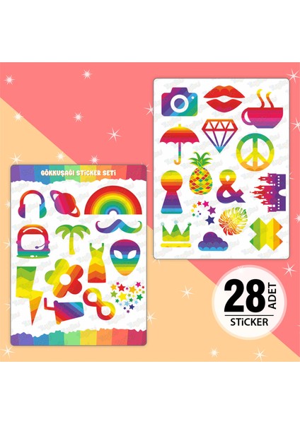 Gökkuşağı Sticker Seti, Rengarenk Sticker Seti, 28 Adet Gökkuşağı Etiket