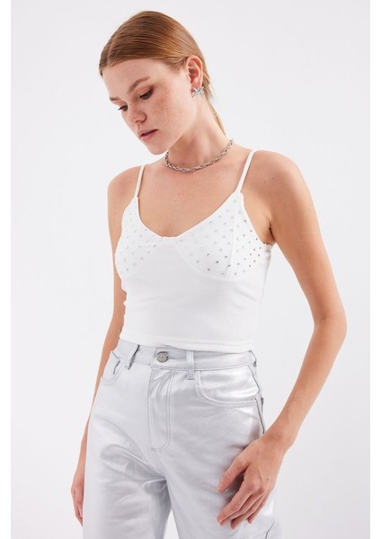 918 Ip Askılı Crop Top - Beyaz