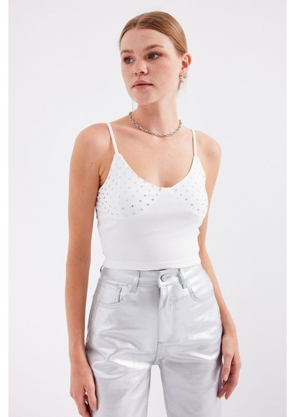 918 Ip Askılı Crop Top - Beyaz