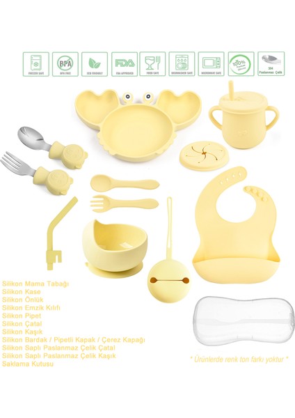 Yengeç Figürlü Vakumlu Silikon Beslenme Seti ; Mama Tabağı, Kase, Önlük, Çatal-Kaşık, Pipetli Bardak ve Çerez Kapağı, Pipet, Emzik Kılıfı, Paslanmaz Çelik Çatal-Kaşık ve Taşıma Kutusu