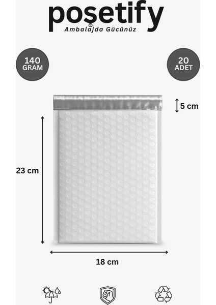Balonlu Beyaz Kargo Poşeti 18X23+5 cm | 140 gr Bantlı Patpatlı Kargo Poşeti | 20’li E-Ticaret Poşeti