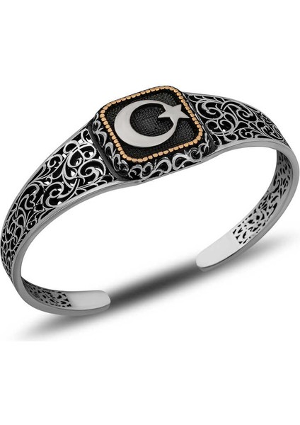 Gümüş Ay Yıldız Ayarlanabilir Kelepçe Erkek Bileklik