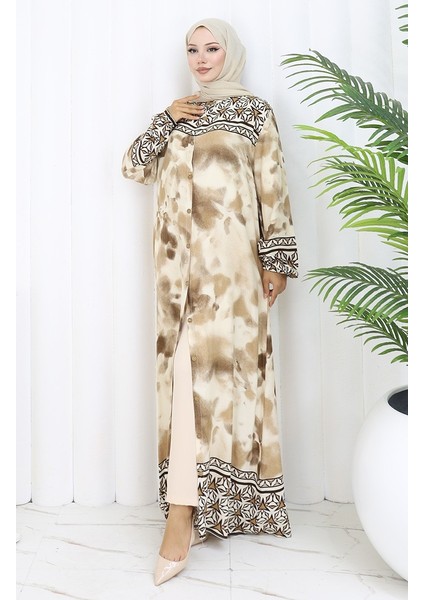 Boydan Düğmeli Viskon Elbise 0114-03 Kahverengi