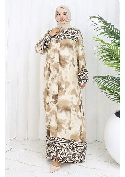 Boydan Düğmeli Viskon Elbise 0114-03 Kahverengi fiyatları