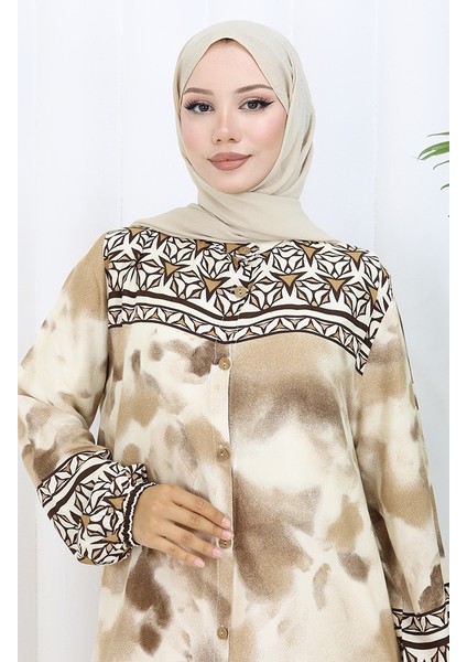 Boydan Düğmeli Viskon Elbise 0114-03 Kahverengi modelleri