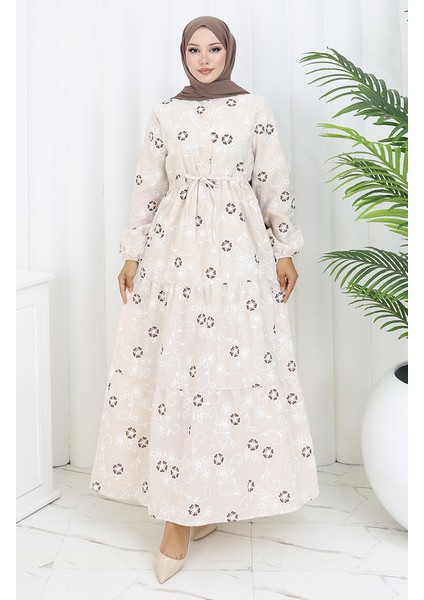 Yarım Düğmeli Keten Elbise 2097-02 Bej Kahverengi