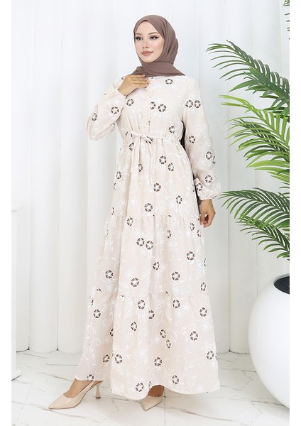 Yarım Düğmeli Keten Elbise 2097-02 Bej Kahverengi fiyatları