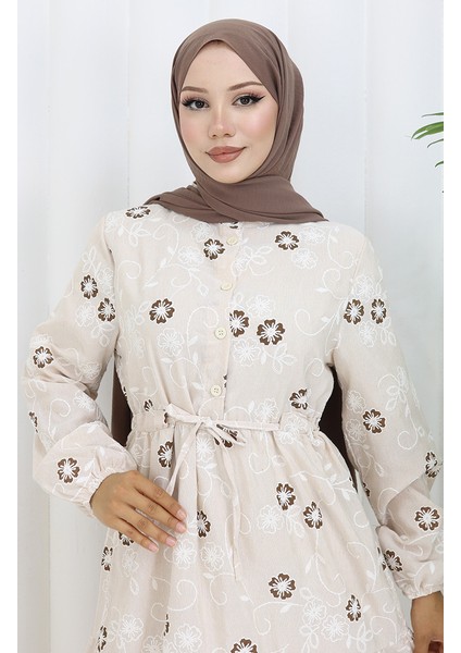 Yarım Düğmeli Keten Elbise 2097-02 Bej Kahverengi modelleri