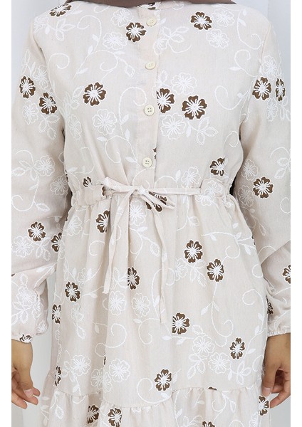 Yarım Düğmeli Keten Elbise 2097-02 Bej Kahverengi fırsatları