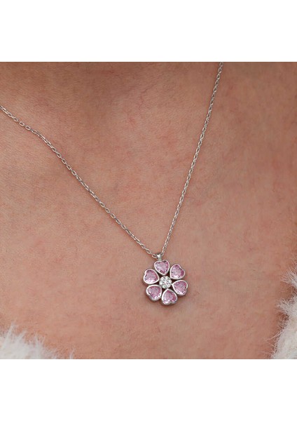 Gümüş Pembe Kalpli Çiçek Kadın Kolye SL9083 modelleri