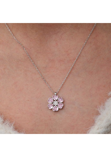 Gümüş Pembe Kalpli Çiçek Kadın Kolye SL9083 fırsatları