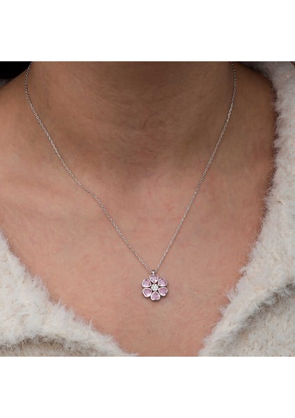 Gümüş Pembe Kalpli Çiçek Kadın Kolye SL9083 indirimleri