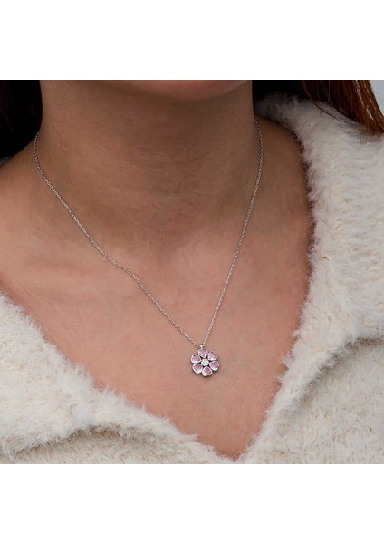 Gümüş Pembe Kalpli Çiçek Kadın Kolye SL9083