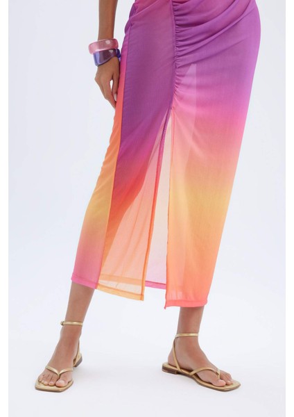 Regular Fit Degrade Baskılı Tül Maxi Plaj Elbisesi-Fall in Love C4417AX24HS