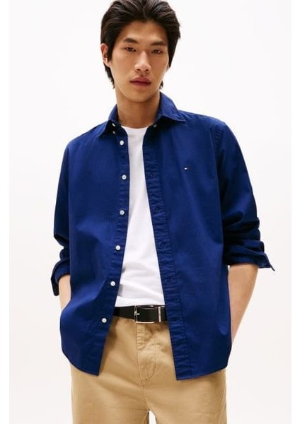 Erkek Regular Fit Düğmeli Yaka Poplin Gömlek - Lacivert