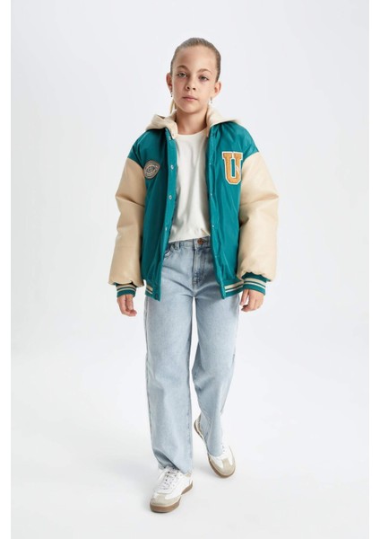 Kız Çocuk Çıkarılabilir Kapüşonlu Kolej Yaka Çıtçıtlı Cepli Bomber Mont C5407A824AU