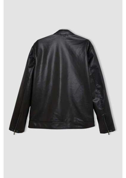 Erkek Siyah Slim Fit Dar Kesim Dik Yaka Fermuarlı Astarlı Mevsimlik Hafif İnce Suni Deri Mont Ceket C5632AX24AU