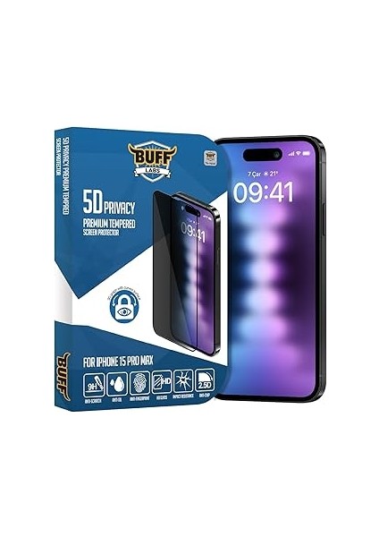 Buff Labs Iphone 15 Pro Max ile Uyumlu 5d Privacy Hayalet Ekran Koruyucu