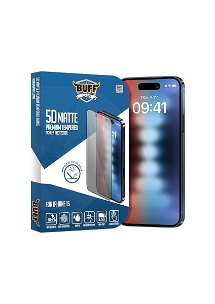 Buff Labs Buff Iphone 15 ile Uyumlu 5d Matte Mat Ekran Koruyucu