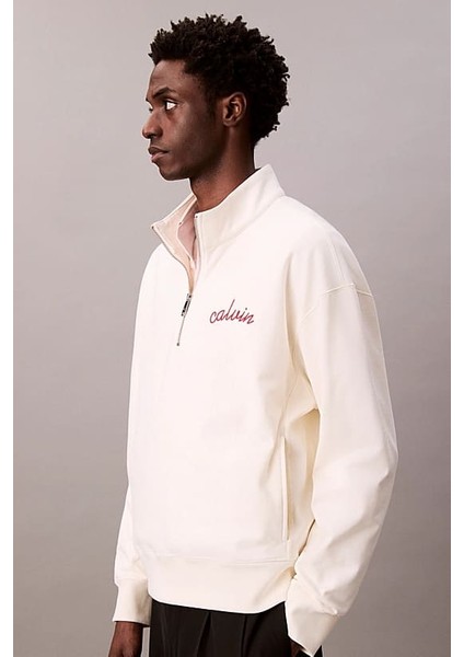 Erkek Yarım Fermuarlı Yazı Logolu Sweatshirt - Krem fırsatları