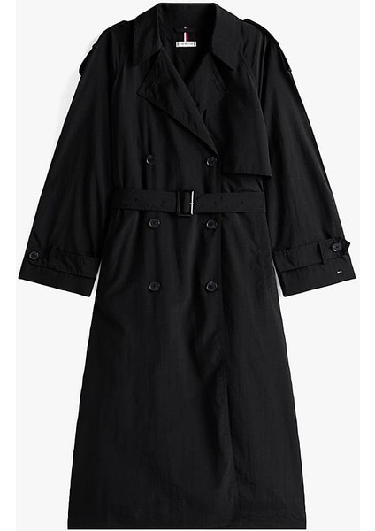 Kadın Oversize Fit Kemerli Trençkot - Siyah indirimleri