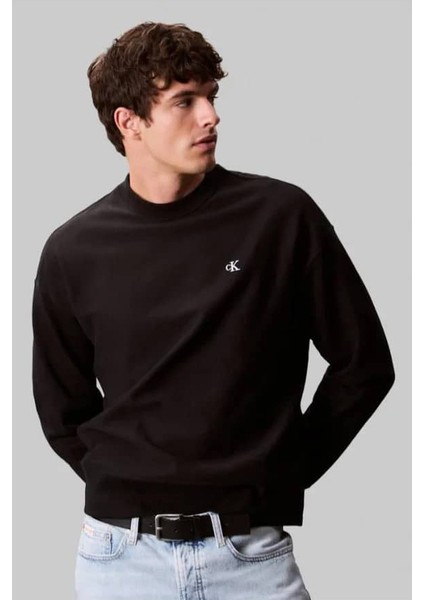 Erkek Bisiklet Yaka Nakış Logolu Sweatshirt - Siyah fırsatları